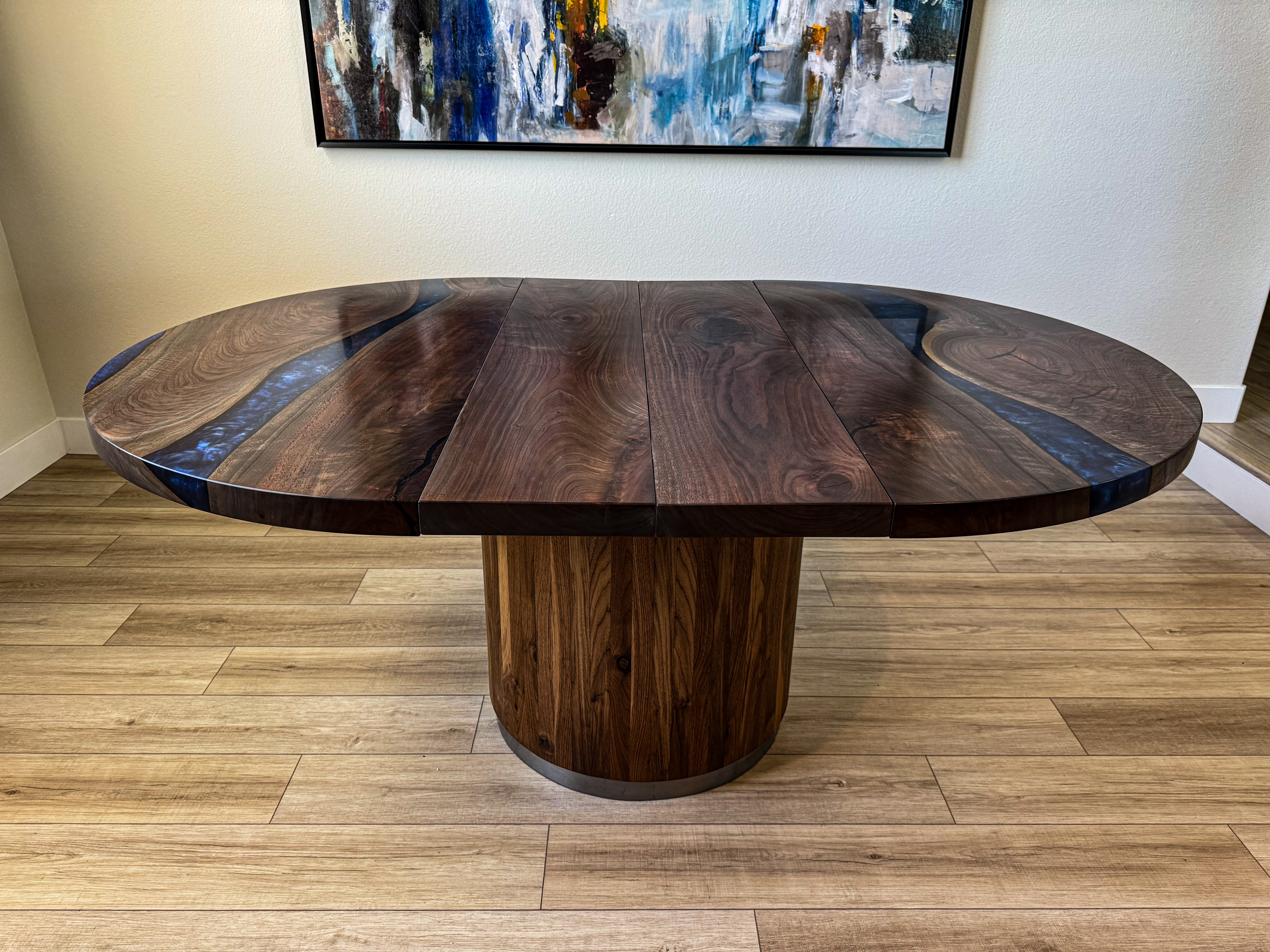 Round Table Solid Wood Black Walnut Leaf Table River Epoxy Pedestal Base 